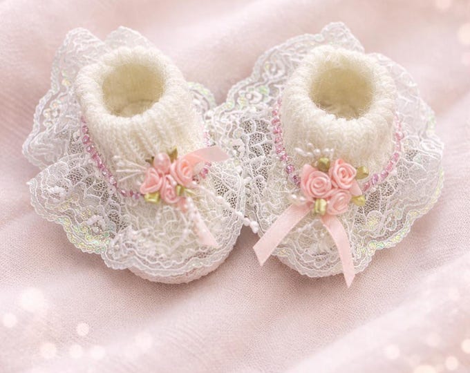 Handmade Baby Booties with Lace & Pink Floral Detail | Newborn Girl Gift | Crochet Baby Shoes | Baby Shower Gift