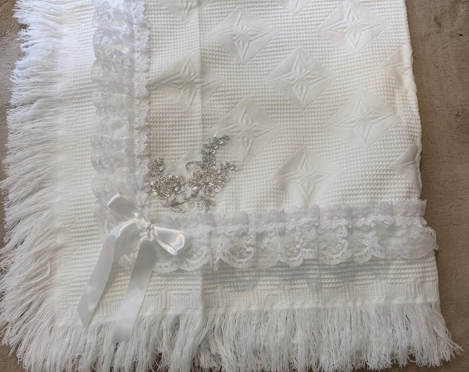 White Baby Shawl: Lace & Satin Bow silver floral appliqué