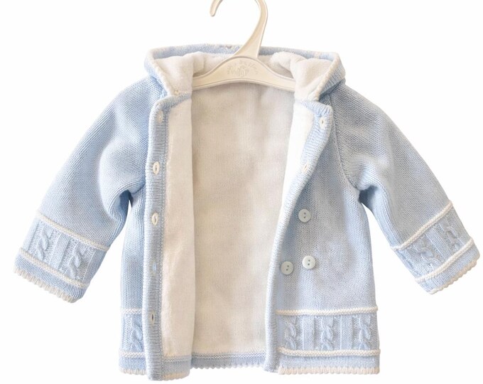 Portuguese Knitted Baby Cardigan: Blue Jacket (0-3 Months)