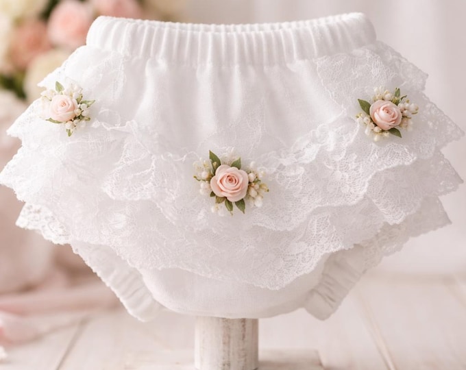 Handmade Baby Bloomers | White Lace Frilly Pants with Satin Flower Detail | Newborn Photo Outfit