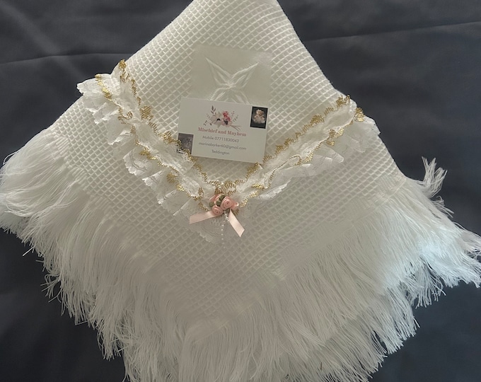Lace Baby Shawl: White & Gold, Satin Bow Detail