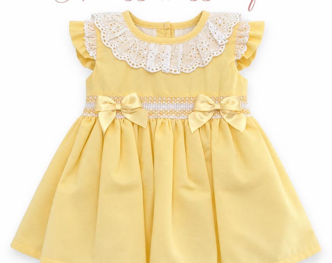 Lemon yellow baby girl dress 6 months  smocked waist with satin bows &white lace collar