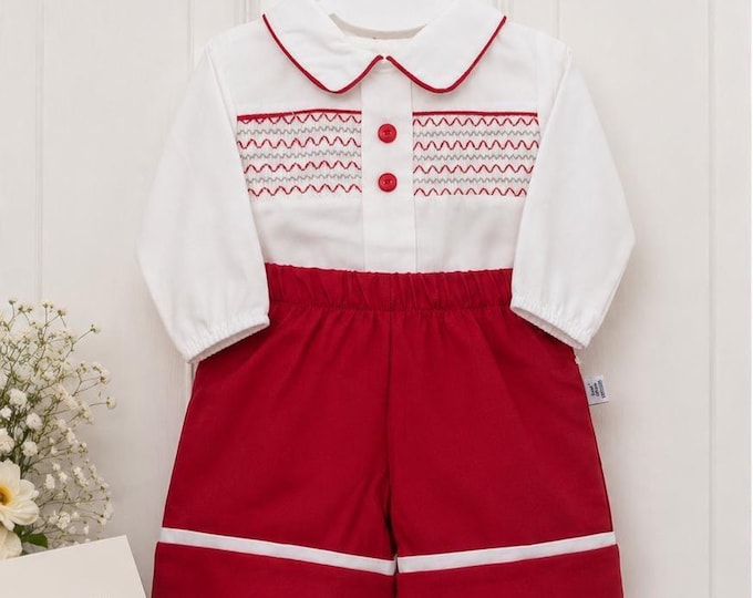 Boys traditional red and white smocked outfit.