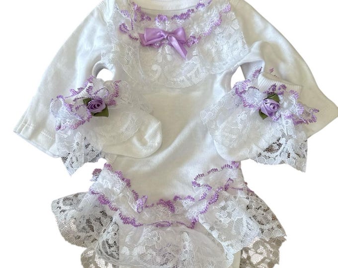 lace finish baby grow and matching socks set