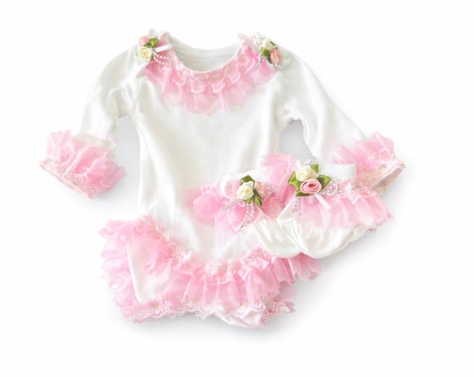 Baby girl lace outfit -pink and white ruffles -handmade special occasion