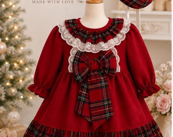 Girls red tartan Christmas dress /party dress with matching hat