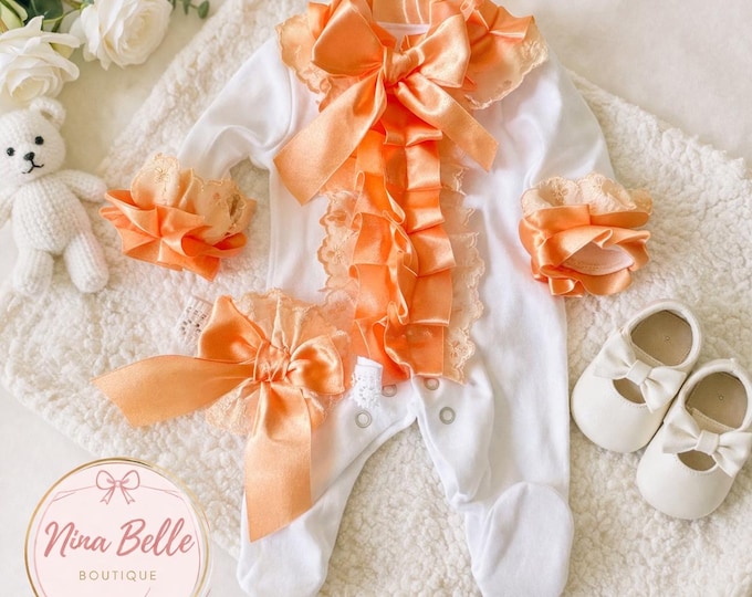 Baby girl luxury romper orange bow hand made baby gift uk
