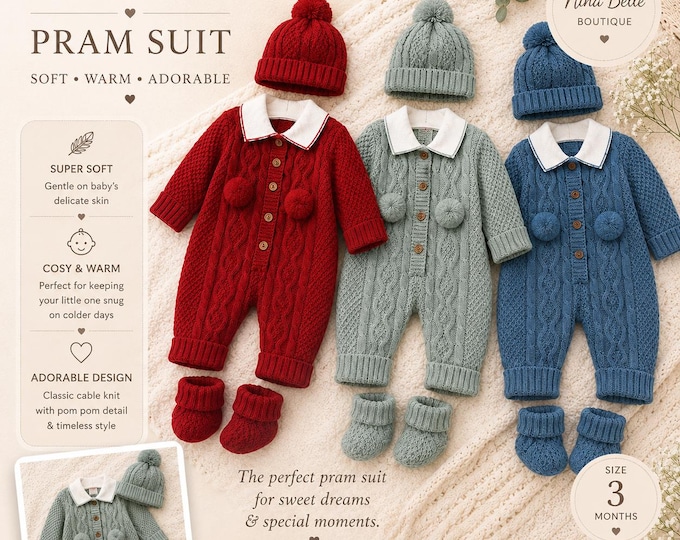 Knitted Baby Pram Suit with Pom Pom Hat red ,blue or turquoise