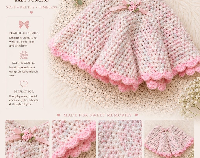 Handmade crochet Baby Poncho: Pink Knit