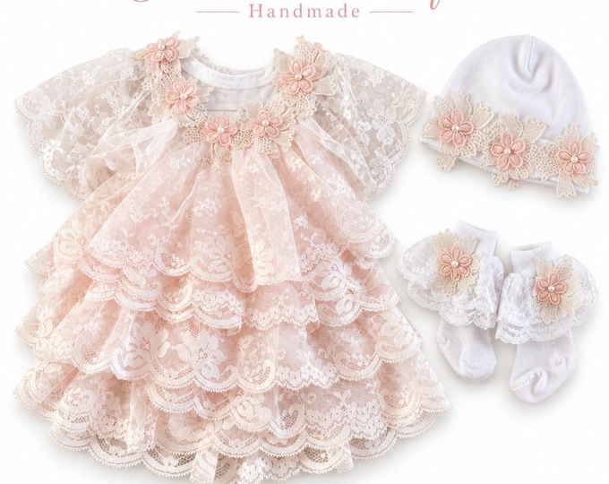 hand made  newborn blush pink baby  dress set with matching bonnet and socks