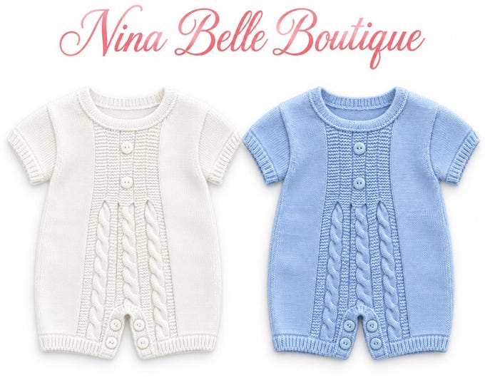 knitted baby romper in white or blue cable knit short sleeve outfit