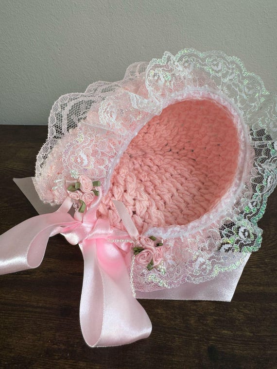 wool, lace finish baby bonnet