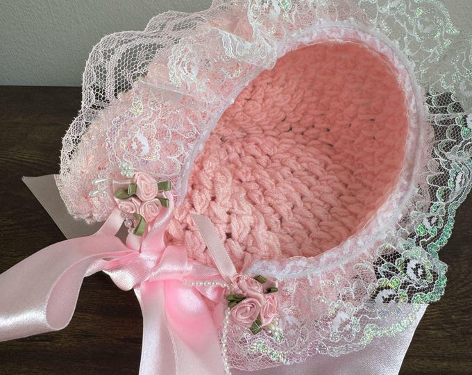 wool, lace finish baby bonnet