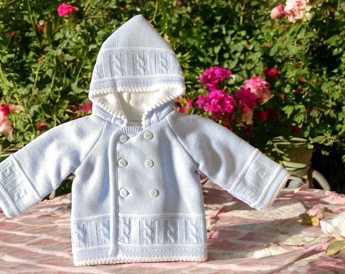 Portuguese Knitted Baby Cardigan: Blue Jacket (0-3 Months)