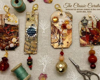 Antiquarian Text and Ephemera Journal Charms | Curated 4-Piece Bag Charm Set | Forestcore & Dark Academia Nostalgic Accessories