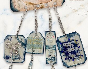 Blue & White Chinoiserie Mixed Media Bag Charm Set • 4-Piece Journal Dangle Charms • Vintage Style Junk Journal Ephemera • Shabby Chic Gift