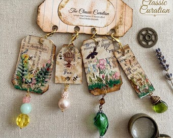 Botanical Specimen Bag Charm Set of 4, Anthologia Mixed Media Dangles, Bee and Butterfly Garden Jewelry, Handcrafted Nature Lover Gift