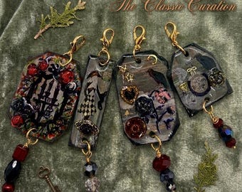 Gothic Romance Journal Charms Set of 4, Dark Academia Ephemera, Poison Garden, Belladonna, Gothic Gate & Checkerboard, Mixed Media Artifacts