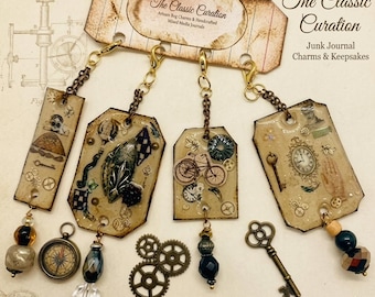 Steampunk Journal Dangles – Set of 4 Antique Sepia Mixed Media Charms with Vintage Bicycle, Clock Face, and Gears | Kindle Charms