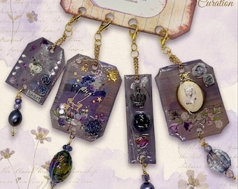 Artisan Bag Charms Set of 4, Whimsical Purple Journal Dangles, Celestial Lavender Mixed Media, Shabby Chic Crown Cameo Kindle dust plug