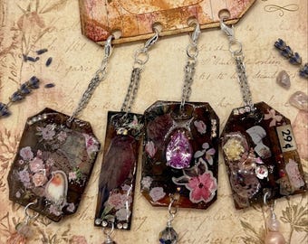 Rustic Vintage Songbird Junk Journal Charms, Grungy Floral & Bird Dangles, Antique Silver Planner Clips Set of 4, Cottagecore Spine Jewelry