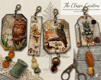 Owl & Moth Mixed Media Journal Charms | Curated 4-Piece Forestcore Specimen Set | Dark Academia Alchemist Archive Bag Charms | Handcrafted