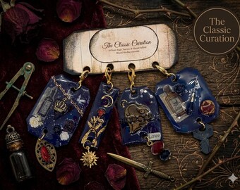 Literary Lover Bag Charm Set, Romantasy Curation  Midnight Blue Crown and Poison Bottle Dangles Bookish Gift for Fantasy Romance Readers