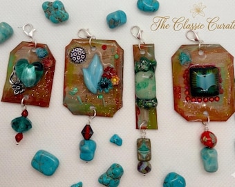 Artisan Turquoise Bag Charms, Handcrafted Mixed Media Journal Dangles, Set of 4 Vintage Style Purse Charms, Chunky Boho Plant & Heart Charm