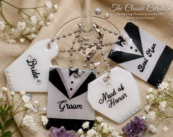 Black Tie Bridal Party Wine Glass Charms Set of 4 Personalized Tuxedo and Dress Wedding Charms | Elegant Groomsman a Bridal Party Keepsake