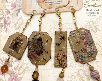 Botanical Bee Journal Dangles – Set of 4 One of a Kind Vintage Apiary Charms with Honeycomb, Crown, and Amber Beads Kindle Charm