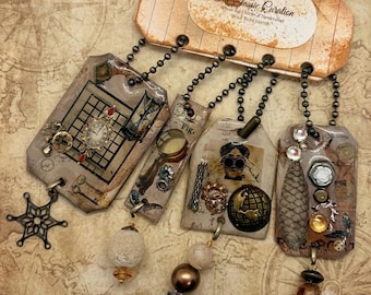 Steampunk Junk Journal Charms, Vintage Explorer & Clockwork Dangles, Antique Bronze Map Planner Clips Set of 4, Industrial Travel Book Spine