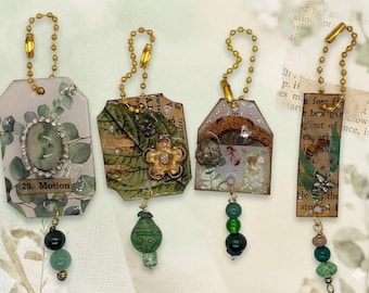 Nature themed Set of 4 | Gilded Leaf & Stone Mixed Media Dangles | Handmade Planner Charms | Book Lovers Curation | Cottagecore Accessory