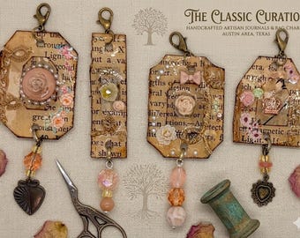 Pink Rose & Crown Junk Journal Charms, Curated 4-Piece set, Antiquarian Ephemera Dangles, Vintage Bookish Dangle