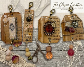 Antiquarian Text and Aged Vellum Journal Charms | Curated 4-Piece Bag Charm Set | Blush & Crimson Bookish Accessories | Handcrafted