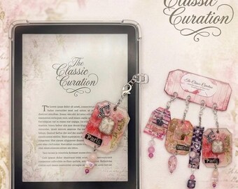 Set of 4, Vintage Romance Journal Charms, Milan & Paris Mixed Media, Shabby Chic Pink Beaded Planner Charms-Kindle/E-Reader Charms