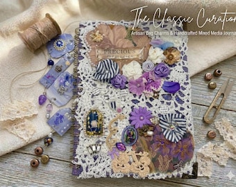 Precious Memories Artisan Journal | Royal Purple & Periwinkle Mixed Media Notebook Victorian Lace Textile Art with 4 Matching Jeweled Charms