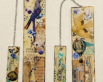 Reversible Handmade Resin Bookmark with Chain Dangle, Vintage Royal Blue Parrot and Clock Face, Blue Bead Dangle, Antique Journal Accessory