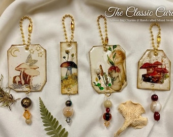 Gilded Mushroom 4-Piece Charm Set | Vintage Botanical & Fungi Journal Dangles | Gold Ball Chain Cottagecore Planner Adornments