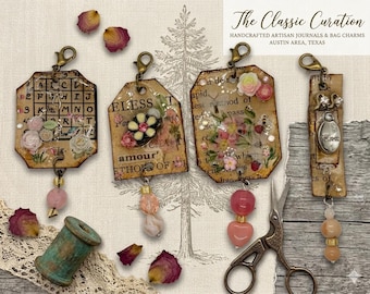 Antiquarian Text & Aged Vellum Journal Charms | Curated 4-Piece Bag Charm Set | Pink Botanical Librariancore Accessories | Handcrafted