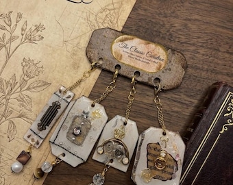 Victorian Romance Journal Charms Set of 4, Vintage Ephemera & Royal Crown Bag Dangles, French Antiquity Gold Planner Accent