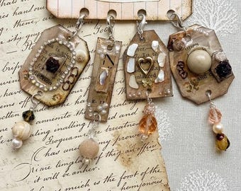 Vintage Specimen Journal Dangle Set - 4 Piece Mixed Media Curation - Handcrafted Antiquarian Book Page Charms - The Classic Curation Series