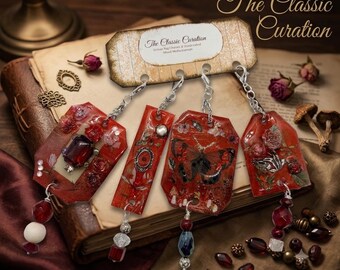 Crimson Floral & Butterfly Junk Journal Charms, Set of 4 Red Resin Dangles with Gemstone Beads, Dark Cottagecore Romantic Gothic Gift