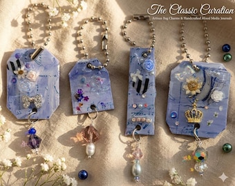 Regal Dreamscape Bag Charm Set of 4 | Periwinkle & Lavender Mixed Media Tags | Gold Crown Sunflower Blue Rose | Junk Journal Jewelry