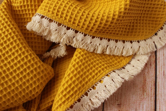 Mustard yellow Boho baby blanket with a 
