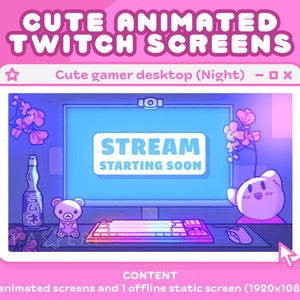 Lindas pantallas de transmisión animada nocturna / Escenas de Twitch / Jugador Kawaii / Lindas pantallas para transmisiones / Comenzando pronto / Gracias por ver / RGB