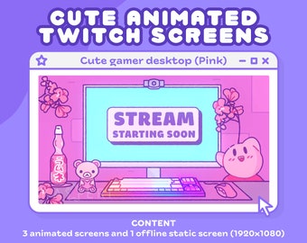 Cute pink animated stream screens | Twitch Scenes | Kawaii gamer | Cute screens for streams | Starting soon | Thanks for watching