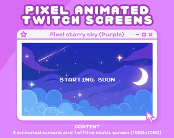Paarse nachtelijke hemel | Pixel sterrenhemel scherm | Geanimeerde scherm | Twitch Banner | Geanimeerd Binnenkort | Pixel geanimeerd scherm