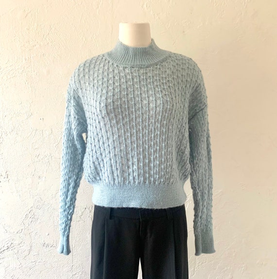 Vtg 80s mohair hand knit lt blue sweater Free size - image 5