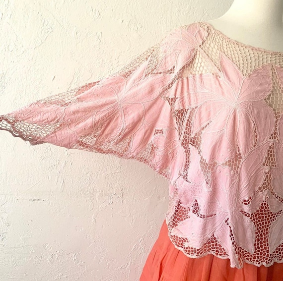 Vtg pink rayon see thru lace macrame top - image 2