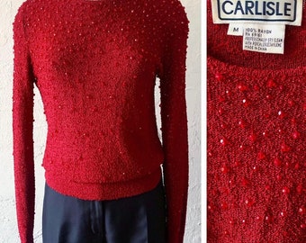 80s Carlisle crystal embellished ruby red sweater